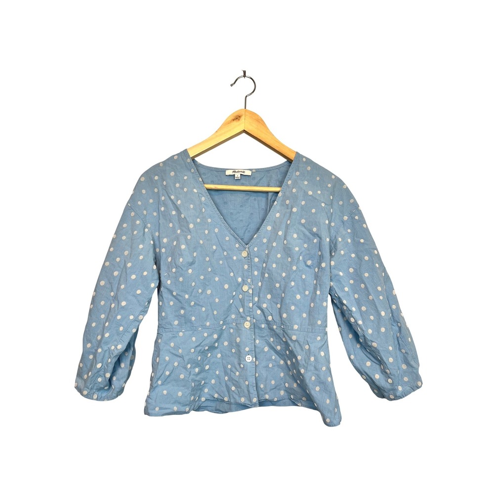 Madewell Blue Polka Dot Cotton‎ Puff Sleeve Peplum Button Front Top L1607 Size 2